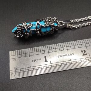 925 Silver Necklace W/ Blue Turquoise Crytsal Boho Floral Vine Vtg Birthday Gift
